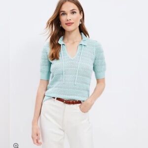 LOFT Pointelle Tie Neck Sweater Tee in teal | L